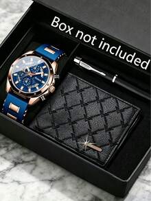 3PCS/1PC-Watch Optional Men's Rose Gold Case Blue Dial Wristwatch Set, Blue Silicone Strap, Light Luxury Style, Round Blue Dial 3D Index Men's Luxury Watch, Paired With Diamond Quilted Men's Wallet And Business Pen, Men's Accessories, Suitable For Summer Wear, Can Be Given As Father's Day, Valentine's Day, Birthday Gift, Luxury Gift For Boyfriend, Son, Adult Men. Gift Box Not Included. - Multicolor - View 1