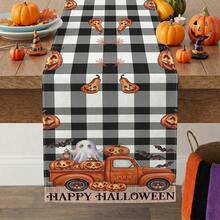 1pc Halloween Pumpkin Ghost Bat Spider Web Truck Plaid Print Table Runner, Suitable For Holiday, Party, Birthday, Dinner, Restaurant Table Decor, Autumn/Winter Halloween Home Decoration - A - View 10