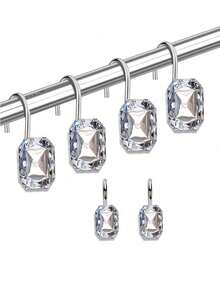 12pcs Luxury Design Square Transparent Diamond Crystal Gemstone Shiny Shower Curtain Hooks, Rust-Proof Metal Rhinestone Fashion Shower Curtain Rings - Multicolor - View 10
