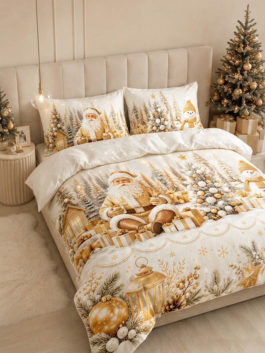 3pcs Cute Christmas Santa Claus Print Duvet Cover Set, Random Pillowcase Pattern, Duvet Cover Set (1 Duvet Cover + 2 Pillowcases, Pillow Inserts Not Included), Bedding Set - Multicolor - View 1