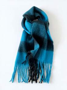 1PcWomen Fuzzy Mohair Texture Plaid Fringe Scarf, Oversized Color Block Check Winter Warm Neck Wrap Shawl - Blue-black - View 5