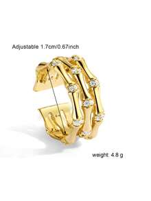 Copper Plated 18K Gold Three-Layer Bamboo Joint Open Ring Inlaid With Cubic Zirconia, Vintage Luxury Style Ring, Stackable Design, High-End Jewelry, Unisex, Suitable For Daily Commute, Party, Street Wear, Couple Friends Holiday Gift Accessory - Gold - View 5