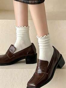 3/6/12 Pairs Women's Mid-Calf Socks, With Ruffle Trim, Soft Vertical Striped Knit Casual Socks, Solid Color Cute Lace Daily Commute Slouch Socks - Multicolor - View 6