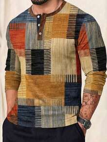 Men's Button Half-Placket Long Sleeve T-Shirt - Multicolor - View 3
