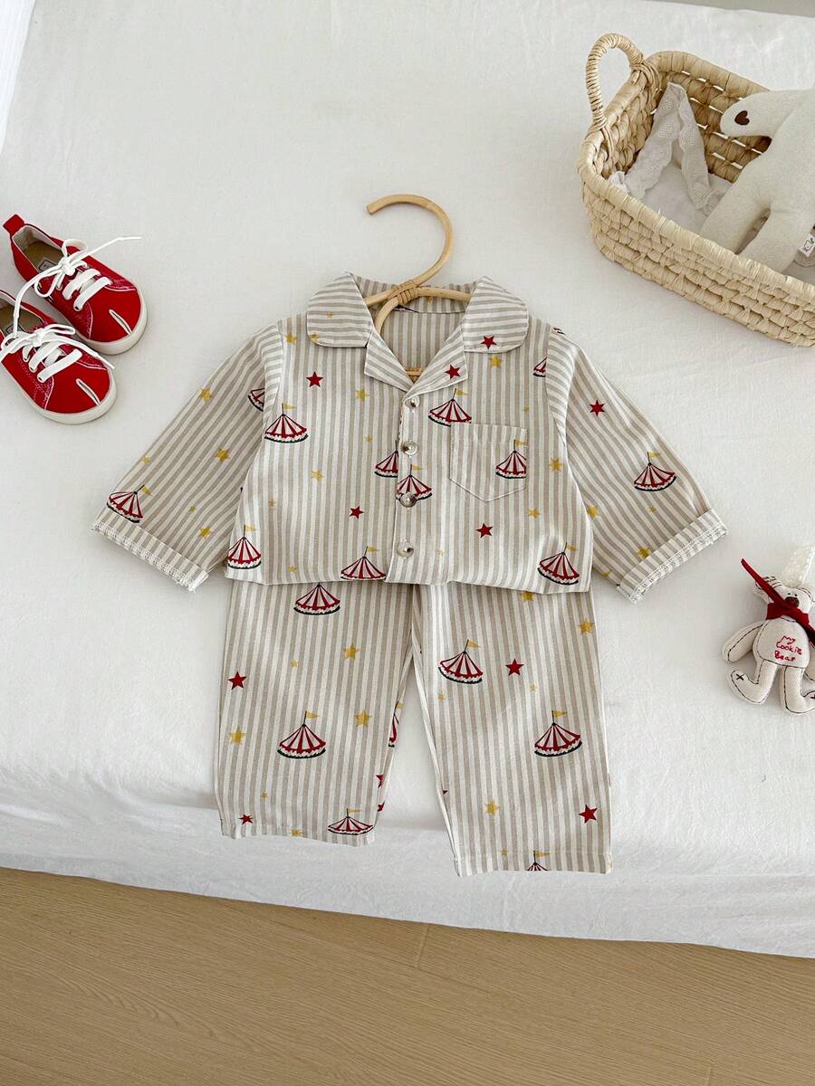 Miniweenns 2pcs/Set Unisex Baby Striped Base Long Sleeve Outfit, Collar + Buttons + Pockets, Circus Star Print