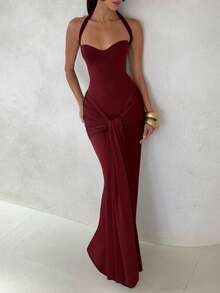 Halter Heart Neckline Ruched Tie Front Slim Fit Bodycon Maxi Dress, Elegant Slim Fit Long Dress, Suitable For Wedding Guest, Cocktail Party, Formal Dinner, Date Night, Autumn - Burgundy - View 2