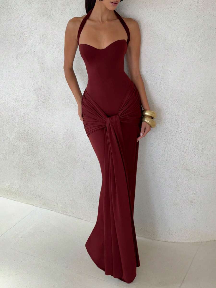Halter Heart Neckline Ruched Tie Front Slim Fit Bodycon Maxi Dress, Elegant Slim Fit Long Dress, Suitable For Wedding Guest, Cocktail Party, Formal Dinner, Date Night, Autumn