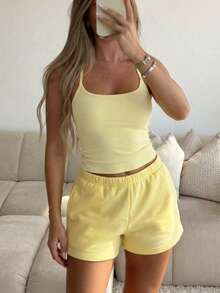 GLAMSKIN Women's Summer/Autumn Basic 2 Pieces Set, Spaghetti Strap Tank Top And Drawstring Shorts Yellow Elegant - Yellow - View 6