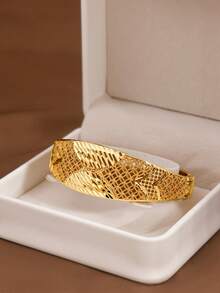 2pcs/Set Wedding Bride Fashion Handmade Carved Sequin Copper Coin Pattern Bracelet And Ring, 64mm Diameter, Openable, Suitable For Wedding Wear, Bring Wealth And Good Fortune, No Packaging - Gold - View 4