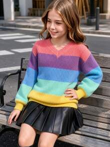 1 buah Sweater Pullover Leher V Bergaris Warna-warni Gaya Akademi Elegan untuk Anak Perempuan Remaja, Musim Semi/Gugur/Dingin, Halloween - MultiWarna - View 3