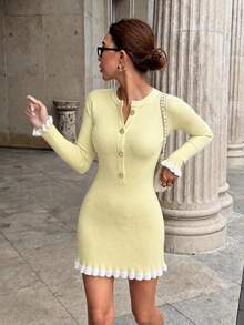 Women's Autumn/Winter Pale Yellow Ribbed Knit Fitted Mini Dress, Round Neck With Gold Buttons, White Ruffle Hem, Vacation Street Style Fall - Yellow - View 3