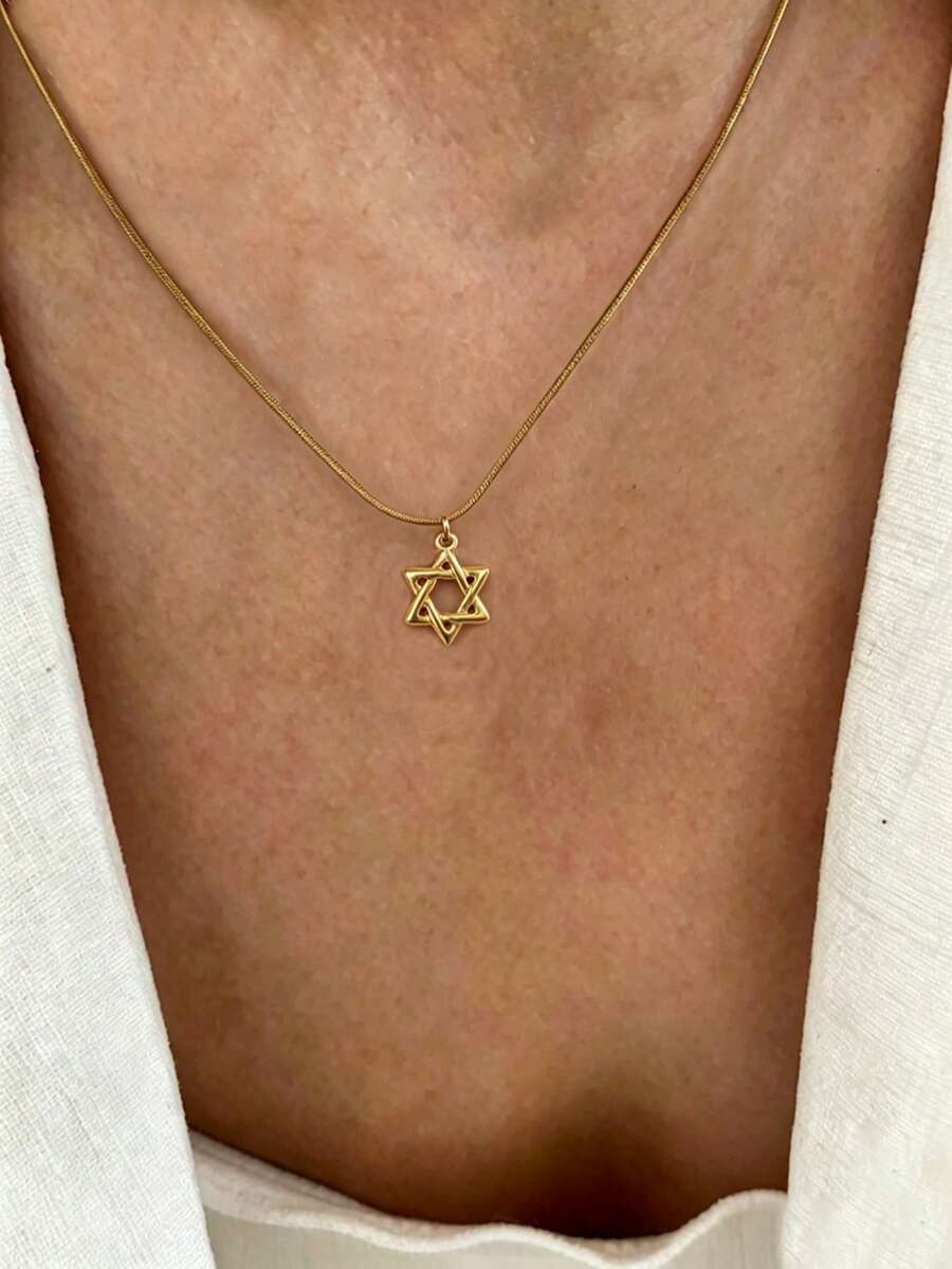 1pc Stainless Steel Waterproof Non-Fading Gold/Silver Hexagram Star Of David Necklace, Collarbone Chain, Suitable For Women's Daily Wear, Christmas Gift - Star Of David Necklace - View 1