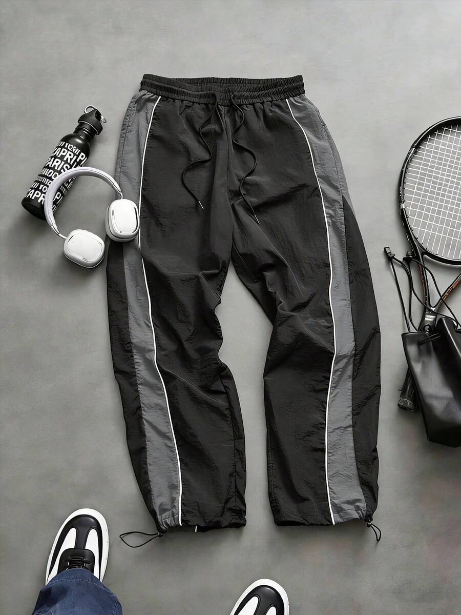 Men's Wrinkled Texture Nylon Drawstring Waist Loose Fit Jogger Casual Pants, Suitable For All Seasons - Black - View 1