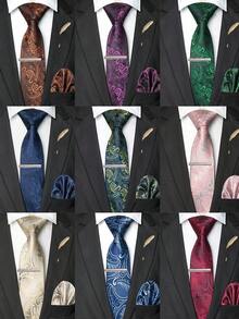 4‑Pcs Men Paisley Pattern Neck Tie Set, Jacquard Woven Necktie, Pocket Square, Tie Clip, Feather Lapel Pin For Wedding Business Formal Occasion - Multicolor - View 1