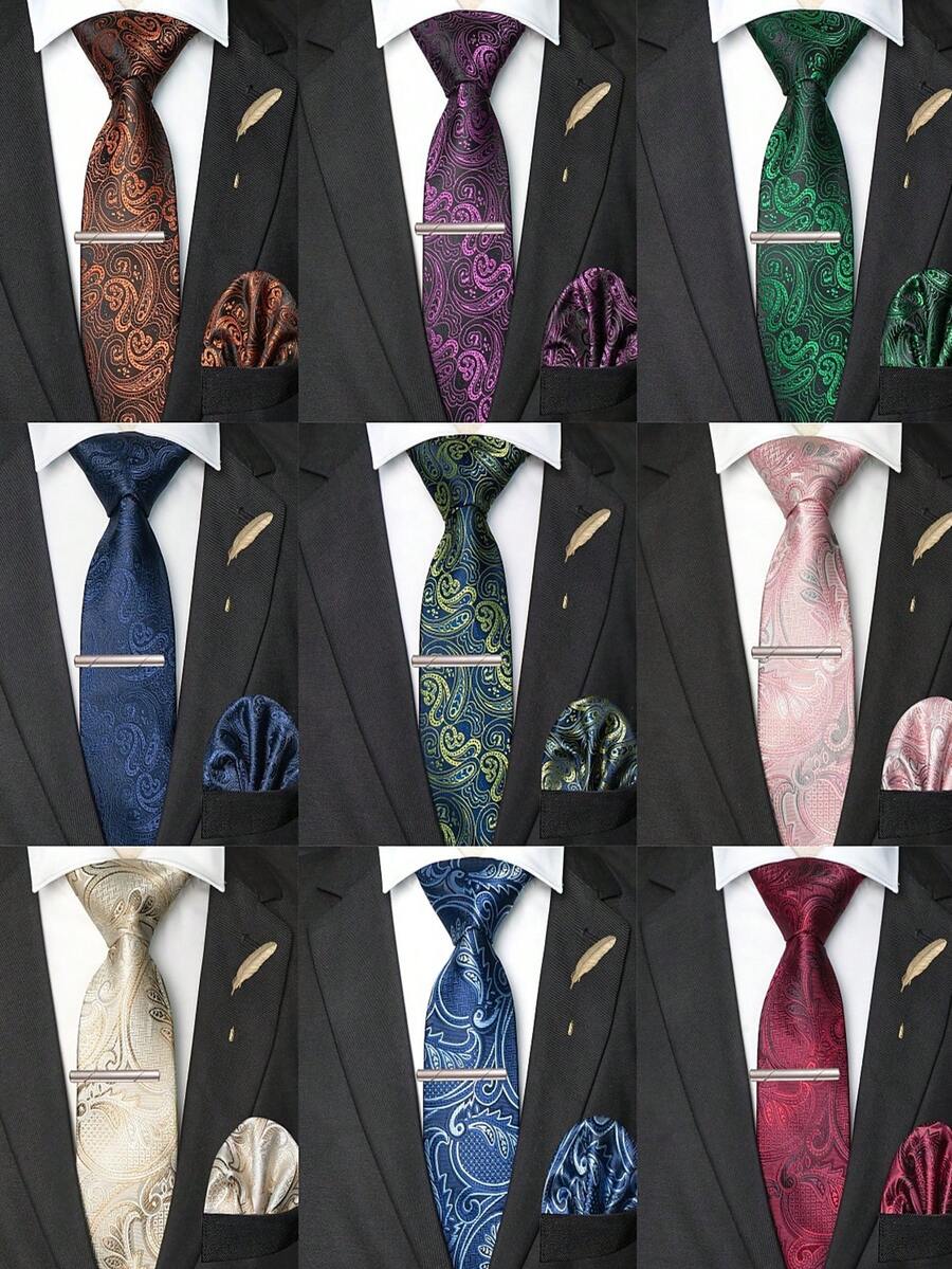 4‑Pcs Men Paisley Pattern Neck Tie Set, Jacquard Woven Necktie, Pocket Square, Tie Clip, Feather Lapel Pin For Wedding Business Formal Occasion - Multicolor - View 1