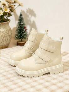 1 Pair Beige Fashionable Riding Boots, PU Matte Fabric, Double Hook & Loop, Minimalist Elegant Style, Round Toe, Rubber Thick Sole, Anti-Slip, Suitable For Mid-To-Large Girls, Daily School, Holiday, Party, Gathering, Versatile British Style Ankle Boots - Beige - View 4