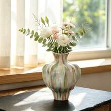 1pc Marbled Pastel Ceramic Vase Set, Irregular Ribbed Flower Vase, Modern Aesthetic Tabletop Home Decor For Living Room - Multicolor - View 5