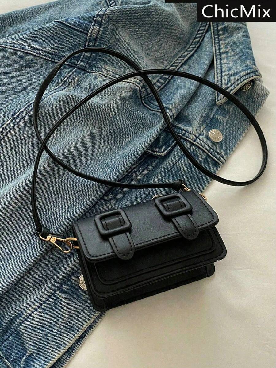Mini Fashion Solid Color Minimalist Flap Shoulder Bag, Suitable For Shopping, Carrying Wallet, Young Women, College Students, New Professionals, White-Collar Workers. Also Perfect For Office, University, Work, Business, Commute, Outdoor Activities, Travel And Outings. - Black - View 1