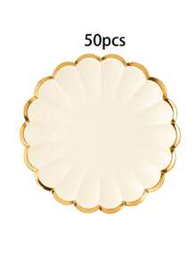 10pcs/30pcs/50pcs Beige Paper Plates With Gold Scalloped Flower Rim,9 Inch Dinner Plates & 7 Inch Dessert Plates Decorative Paper Plates For Wedding Bridal Shower Birthday Tea Party Holiday Tableware Supplies - Beige With Gold Trim - View 7