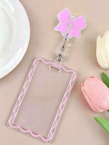 1 Set Exquisite Cute Rhinestone Pink Bow Nurse ID Badge Retractable Reel Clip With Horizontal Slide Card Holder, Featuring Shiny Faux Pearls, Gift For Doctors, Nurses, Teachers, Students, Office Staff - E - View 1