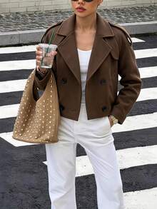 Women's Solid Brown Cropped Coat, Collared Double Breasted Short Jacket For Elegant Fashion, Commute, Business, Spring Fall Winter Wardrobe Essential - Brown - View 6