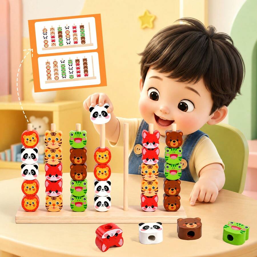 Juguete educativo interactivo 2 en 1 de madera con cuentas apilables para cálculo, conteo, lógica, pensamiento, clasificación y lanzamiento de aros, colorido, de emparejamiento, para entrenamiento cara a cara en mesa - Multicolor - Ver 1