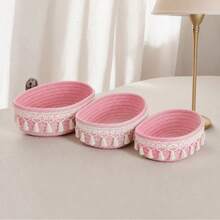 1pc Bohemian Style Tassel Woven Basket, Living Room Desktop Storage Basket, Multi-Functional Oval Storage Basket, 3 Sizes Available, Suitable For Living Room, Bedroom, Desk And Bedside, Perfect For Desktop Storage - Pink - View 2