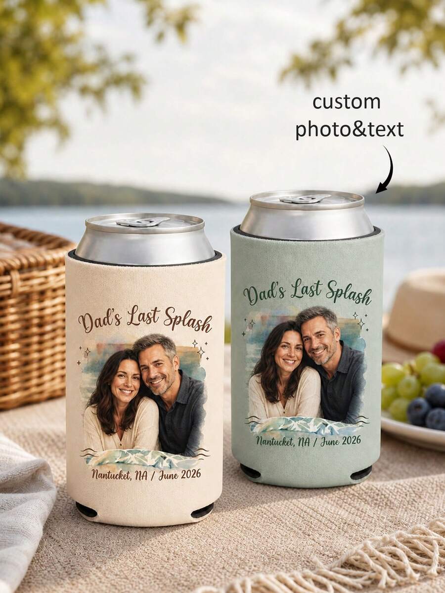 Custom Photo & Text Beverage Can Sleeve, Upload Your Own Image Personalized Beverage Can Sleeve, Custom Text Location & Date, Party Favor, Perfect Souvenir For Bachelorette/Bachelor Party, Outdoor Gathering And Holiday Celebration - Multicolor - View 1