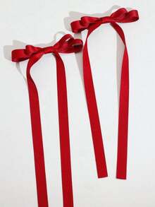 1/2pcs Glossy Satin Red Bow Hair Clips, Elegant Long Ribbon Hair Accessories, Suitable For Romantic Valentine's Day Date And Fashionable Daily Hairstyle - Red - View 2