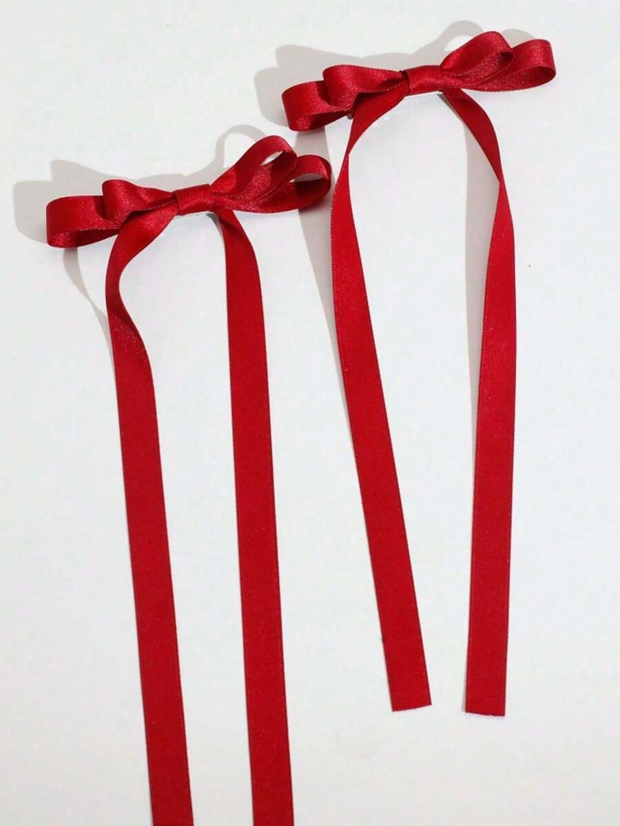 1/2pcs Glossy Satin Red Bow Hair Clips, Elegant Long Ribbon Hair Accessories, Suitable For Romantic Valentine's Day Date And Fashionable Daily Hairstyle