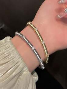 1 件复古风格四叶花图案女士手链，拉丝纹理古风奢华锆石设计 - 細款B - 查看 2