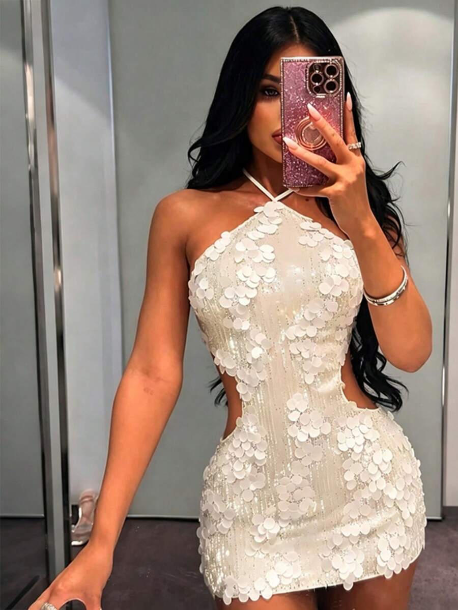 SYchuan Women's Fashion Sleeveless Halter Neck Fitted Mini Dress, Shiny Sequin Decor, Sexy Backless Design, Suitable For Holiday Events - Apricot - View 1
