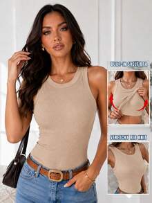 ChicMe Built-In Bra Sleeveless Ribbed Knit Tank Top Slim Fit Round Neck Basic Top - Apricot - View 5