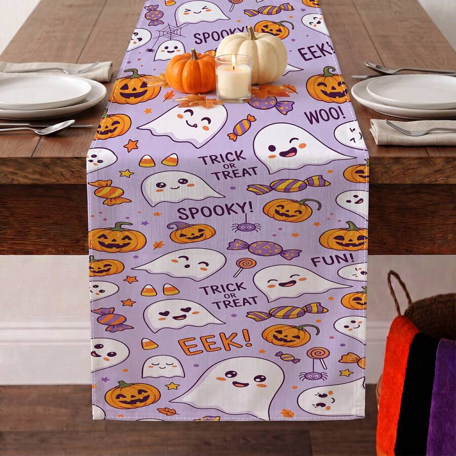 1pc Halloween Pumpkin Ghost Candy Print Table Runner, Suitable For Holiday, Party, Birthday, Dinner, Restaurant Table Decoration, Autumn/Winter Halloween Home Decor - A - View 1