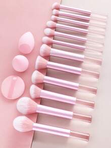 Professional Makeup Brush Set, Includes Aluminum Tube Makeup Brushes + Large Makeup Sponge + Powder Puff, Powder Brush, Foundation Brush, Contour Brush - Baby Pink - View 2