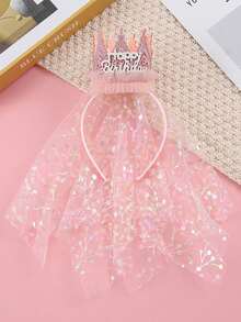 1pc Happy Birthday Crown Headband, Sparkly Pink Tiara With Shimmer Printed Tulle Veil, Sweet Princess Hair Hoop For Birthday Party Photoshoot Decor - Multicolor - View 10