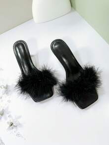 Fashionable Women's High Heel Sandals, High-End Fluffy Faux Feather-Like Elegant Toe Design, Casual Slip-On Half-Back Sandals - Black - View 4