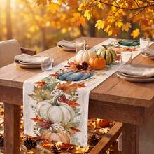 1pc Halloween Thanksgiving Pumpkin Maple Leaf Print Table Runner, Suitable For Holiday, Party, Birthday, Dinner, Restaurant Table Decor, Autumn/Winter Thanksgiving Home Decoration - A - View 3