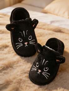 A Pair Of Fashionable And Cute Cartoon Black Cat Embroidered And Decorated Warm Slippers, Suitable For Children To Wear - Black - View 3