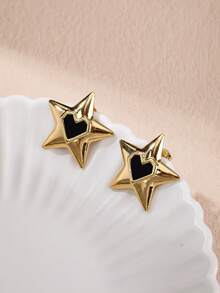 1 Pair Vintage Personalized Gold Pentagram Design Heart-Shaped Exaggerated Stud Earrings, Suitable For Women's Daily Commute And Holiday Wear - Multicolor - View 2