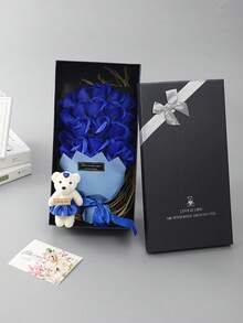 Vintage Rose Bouquet With Mini Teddy Bear, Artificial Rose Gift Box, Romantic Valentine's Day And Anniversary Surprise For Girlfriend - 23 Black Box Teddy Bear Blue - View 6