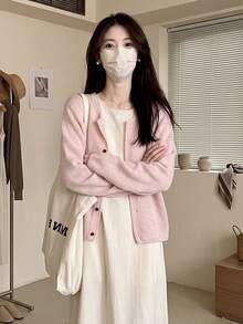 [Y6Y]Korean Style Slouchy Solid Color Round Neck Long Sleeve Knit Cardigan, Autumn Fashion Loose Fit Outerwear Jacket - Pink - View 5