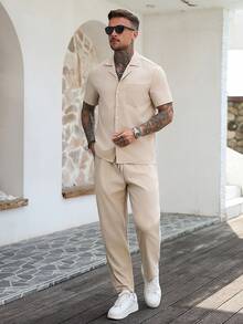 Men's Solid Color Short Sleeve Single-Breasted Casual Shirt And Pants Set - Apricot - View 1