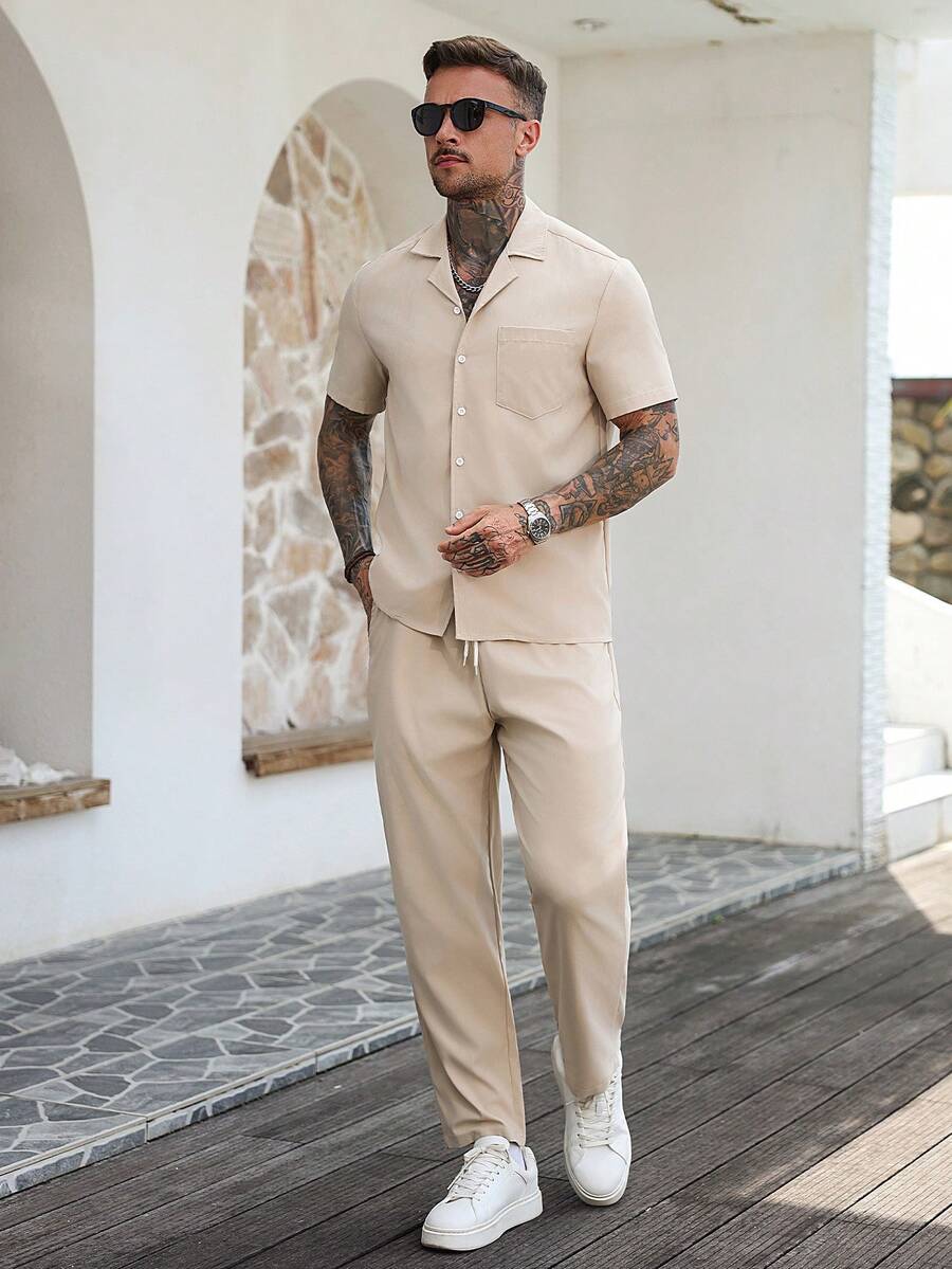 Men's Solid Color Short Sleeve Single-Breasted Casual Shirt And Pants Set - Apricot - View 1