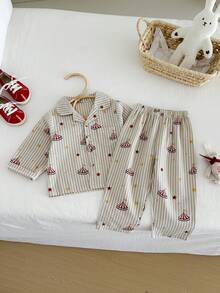 Miniweenns 2pcs/Set Unisex Baby Striped Base Long Sleeve Outfit, Collar + Buttons + Pockets, Circus Star Print - Khaki - View 2