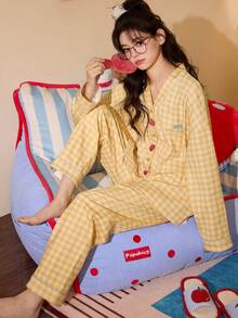 2pcs/Set Women's Pajamas Homewear, Cardigan V-Neck Fruit Letter Print With Pockets Long Sleeve Long Pants, All Season - Yellow - View 5