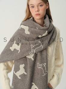 1pc Women's Dachshund Embroidered Cute Fashion Versatile Wool Scarf, Warm Essential For Autumn/Winter Daily Wear - Grey - View 9