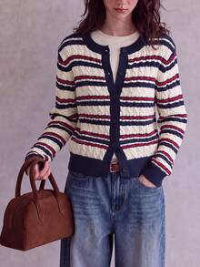 Jaket Sweater Rajut Cardigan Leher Bulat Motif Garis-Garis Prancis Elegan untuk Wanita Musim Gugur/Dingin - Navy Blue - View 5