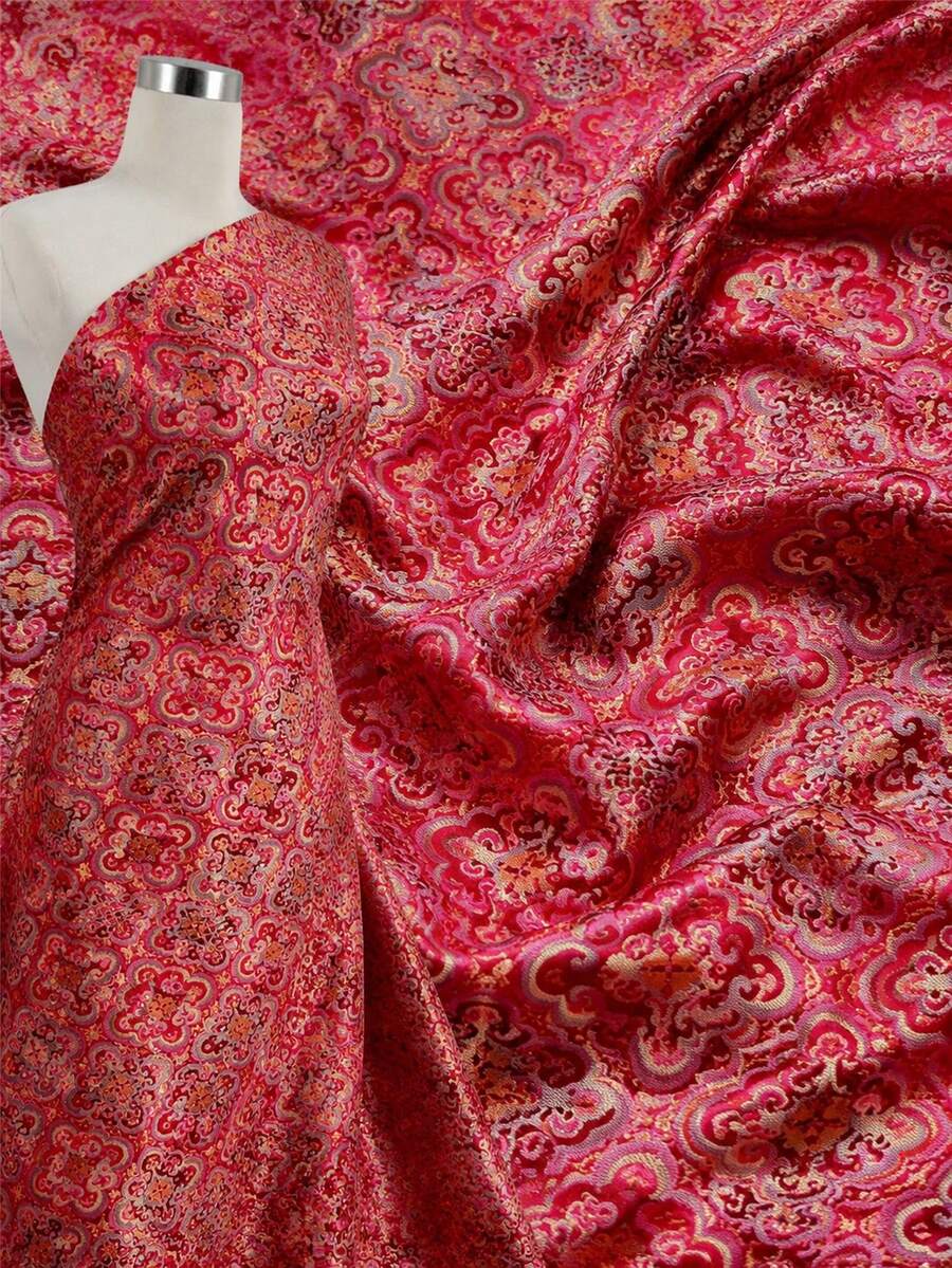 1 st röd satinjaccardtyg med traditionellt kinesiskt Ruyi-molnmönster, glansig flerfärgad orientalisk textil, lämplig för hanfu, cheongsam, kläder, presentinslagning, heminredning och DIY-sömnadshantverk - Flerfärgad - Visa 1