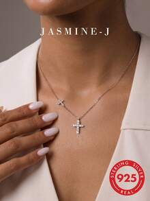 1pc S925 Sterling Silver Full Rhinestone Double Cross Necklace, Pure Silver Plated 14K Gold Women's Jewelry Layered Necklace, Full Rhinestone Cross Necklace, Double Cross Necklace, Unique Design, Simple And Versatile, Suitable For Women's Daily/Party Wear - Multicolor - View 5